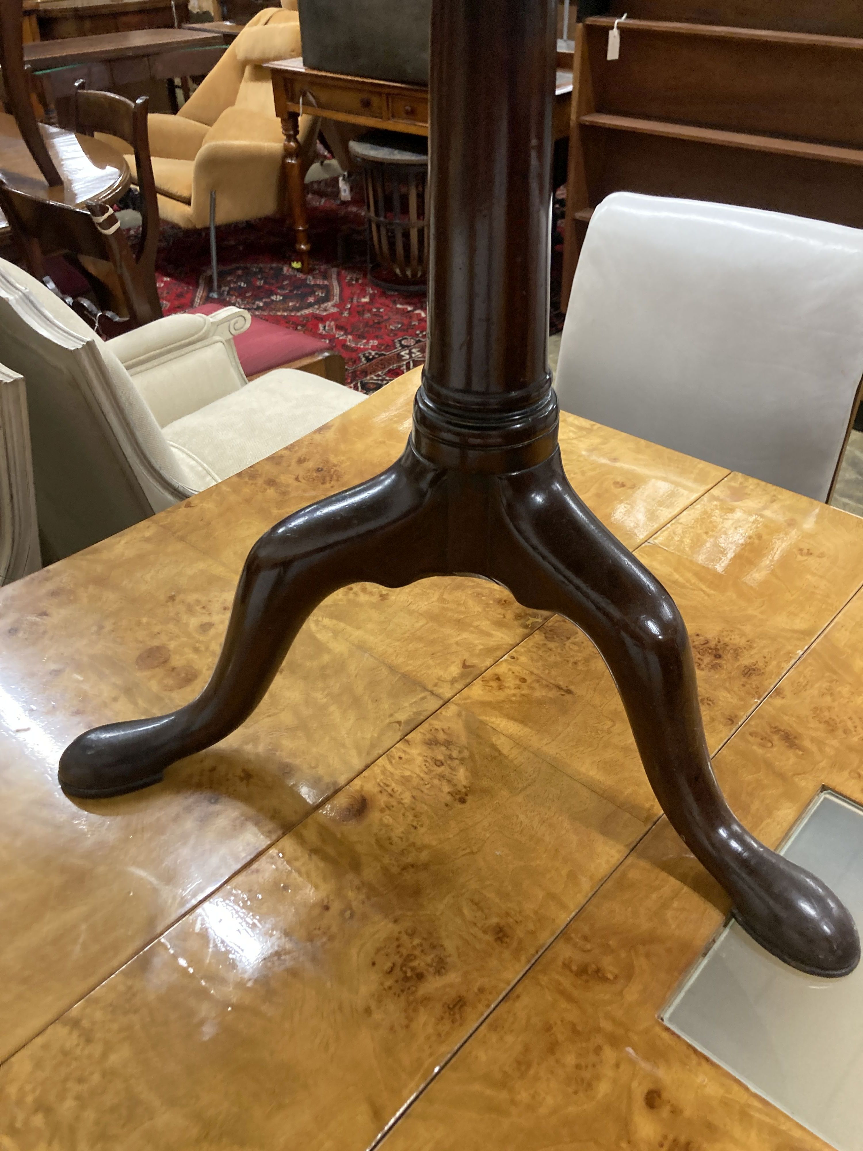 A George III circular mahogany tilt top birdcage tea table, 76cm diameter, 69cm high